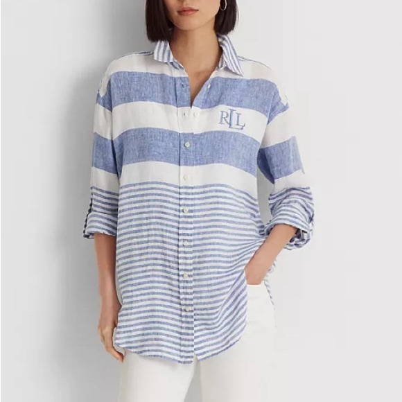 Ralph Lauren Tops - New Ralph Lauren Linen Button Down Striped oversized Shirt poplin